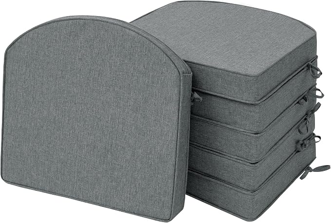Outdoor Chair Cushions D Shaped, Set of 6, 17 x 16 Inch, Dark Grey | Water Resistant, Fade Resistant, Patio Furniture Seat Chair Pads Replacement with Ties, Non-Slip Bottom, Removable Cover by Unknown