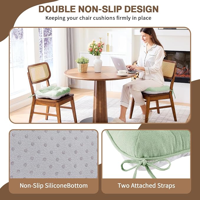 BETU Chair Cushions for Dining Chairs Set of 2,3.5" Thick Kitchen Table Chair Pads with Ties,Non Slip Backing and Covers, Home Decor Seat Cushion for Dining Room,Bar,Patio Chairs15.5"X15.5"X3.5"Green - Image 2