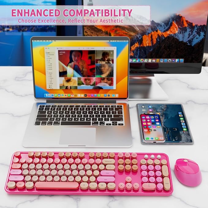 Nowlike Wireless Keyboard and Mouse Combo, Retro Typewriter Keyboard with Round Keycaps, Full-Size Ergonomic, Red, Ideal for Windows PC, Home, Office, and College, Wireless Keyboard Mouse Combo - Image 7