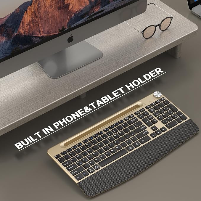 JOYACCESS Ergonomic Wireless Keyboard with Wrist Rest, Phone/Tablet Holder,Windows & Mac OS, 2.4 GHz Wireless, Full-Size,Quiet Keyboard Compatible for Laptop,PC, Mac, Windows -Black Glod - Image 7
