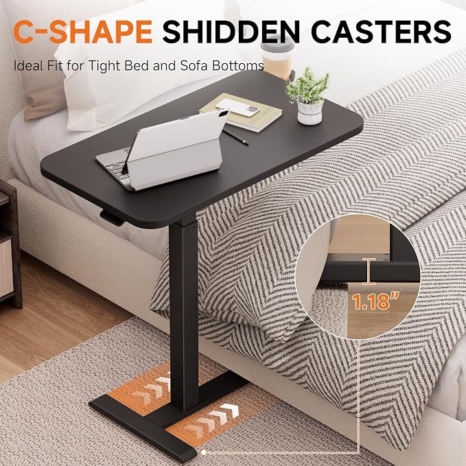 GTPLAYER Small Standing Desk with Hidden Wheels, Pneumatic Mobile Rolling Laptop Desk, Adjustable Height Overbed Bedside Table Computer Workstation for Home Office (32" W x 16" D, Black) - Image 5