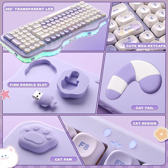 YUNZII C98 Cute Cake Wireless Mechanical Keyboard (Purple, Candy Switch) | 99 Keys with Number Pad, Hot Swap, PBT MOA Keycaps, BT5.0/2.4G/USB-C, Gasket Mount, Custom RGB Backlit for Win/Mac - Image 8