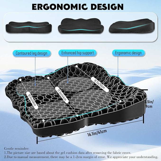 Gel Seat Cushion, Thickened Big Breathable Honeycomb Design Absorbs Pressure Points Gel Cushion with Anti-Slip Cover Seat Cushion for Office Chair Home Car Wheelchair Stadium Bleachers - Image 2