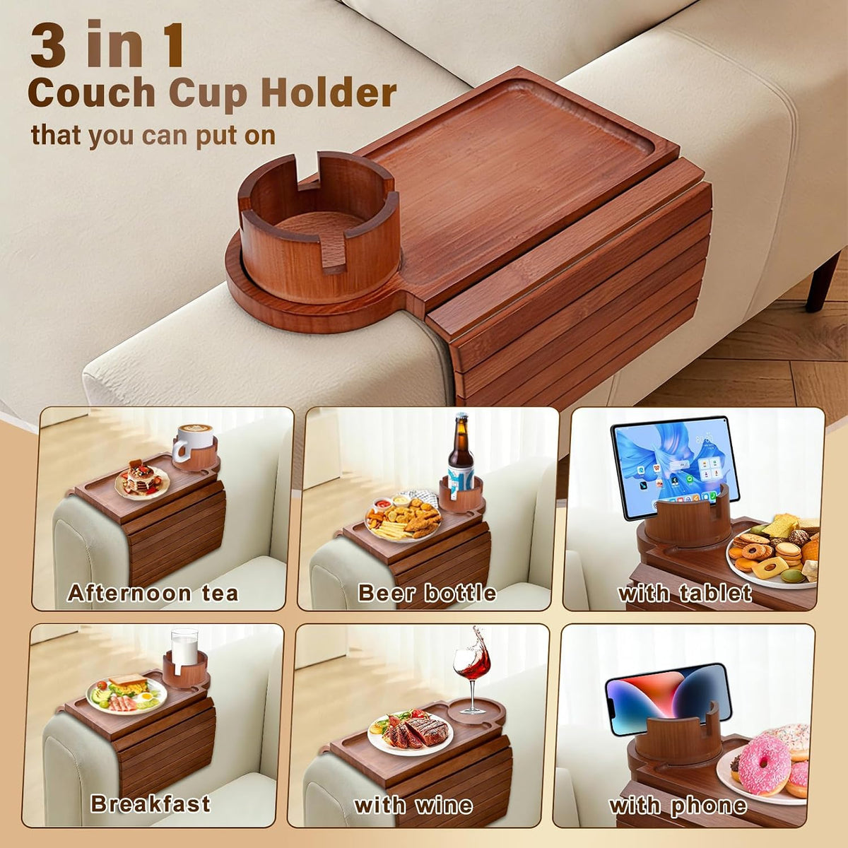 Bamboo Couch Arm Tray, Sofa Armrest Tray, Armrest Table（Walnut） - Image 3