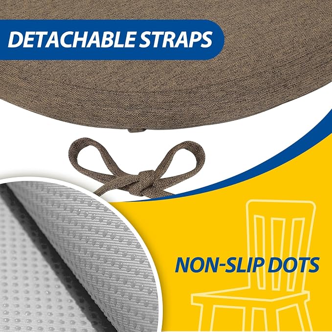 AAAAAcessories D-Shaped Chair Cushions, 2" Thick Dining Chair Pads with Ties and Removable, Machine-Washable Cover, 17" x 16", Set of 6, Taupe - Image 5