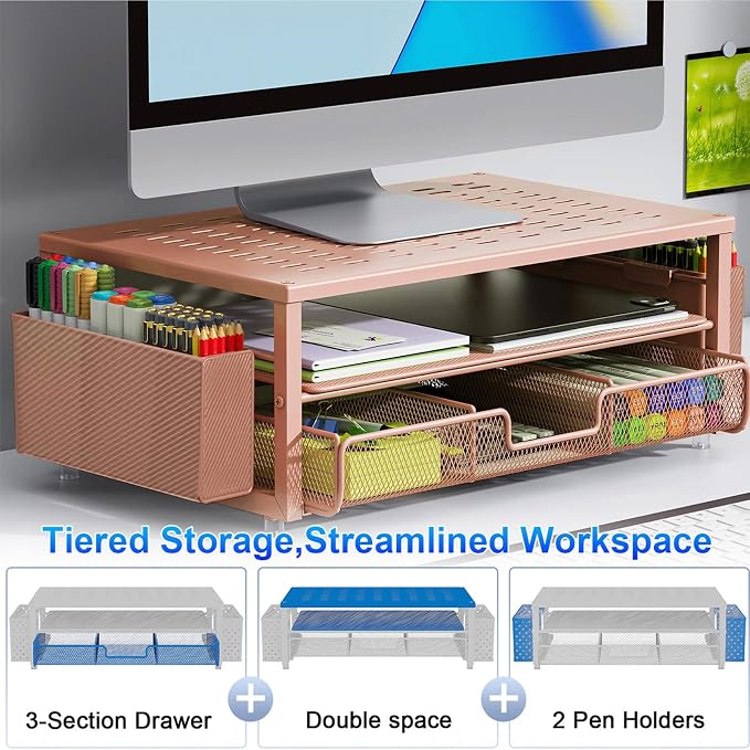 gianotter Desk Organizers and Accessories, Monitor Stand with Drawer and 2 Pen Holder, Desktop Organizer Suitable for Offices and Dormitories (Rose Gold) - Image 3