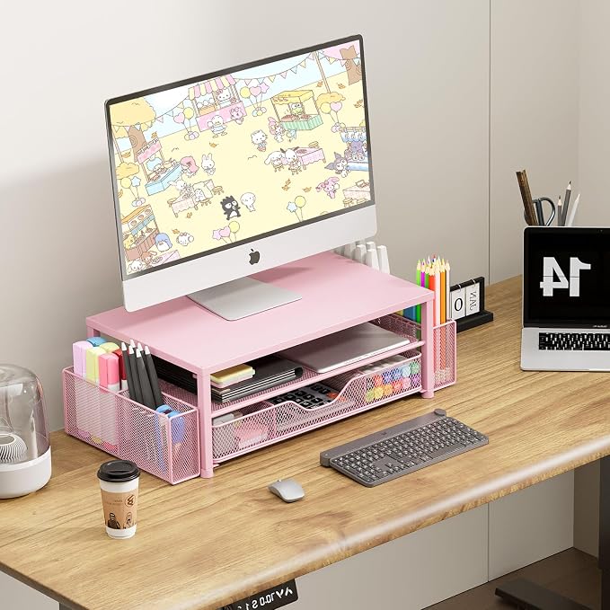 Desk Organizer and Accessories, 2-Tier Computer Monitor Stand Riser with Drawer and 2 Pen Holders, Laptop Stand, Office Desk Accessories for Office Supplies, 1 Pack, Pink - Image 5