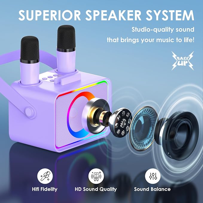 Karaoke Machine for Kids Adults,Portable Bluetooth Speaker with 2 Wireless Microphone with LED Lights, Karaoke Microphone with PA System Supports USB/TF/AUX,Gift for Party (Purple) - Image 2