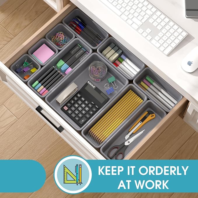 16 PCS Drawer Organizer Set, 4 Size Makeup Drawer Divider Organizer With Non-Slip Pads, Interlocking Plastic Storage Bins for Office,Jewelry Vanity,Gadgets, Bathroom,Kitchen, Grey - Image 4