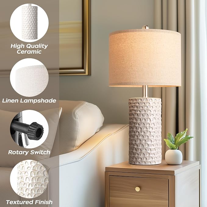 23" Modern Ceramic Table Lamp Set of 2, Table Lamps for Living Room, Rustic Farmhouse Bedside Lamps Nightstand lamp for Bedroom, White Desk Lamp for End Table Home Decor Beige - Image 4