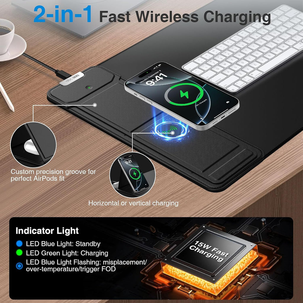 Mouse Pad with Wireless Charging & Foldable Phone Holder, 27.5"x11.8" Black - Image 2