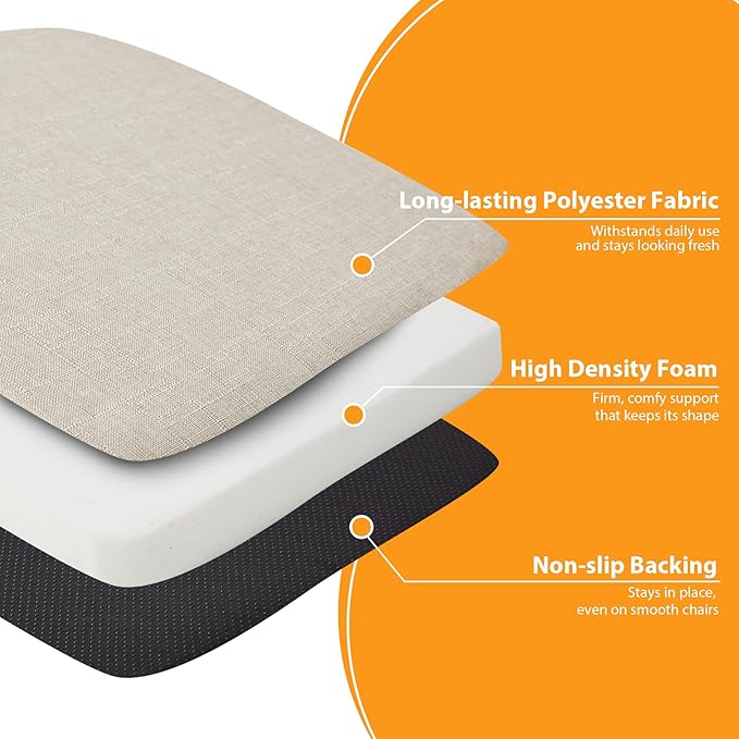 Ruqmuis Chair Cushions for Dining Chairs, 2" Thick Seat Cushions for Kitchen Chairs, D-Shaped Chair Pads with Washable Cover, Ties and Non Slip Backing, 17'' x 16'', Set of 4, Beige - Image 5
