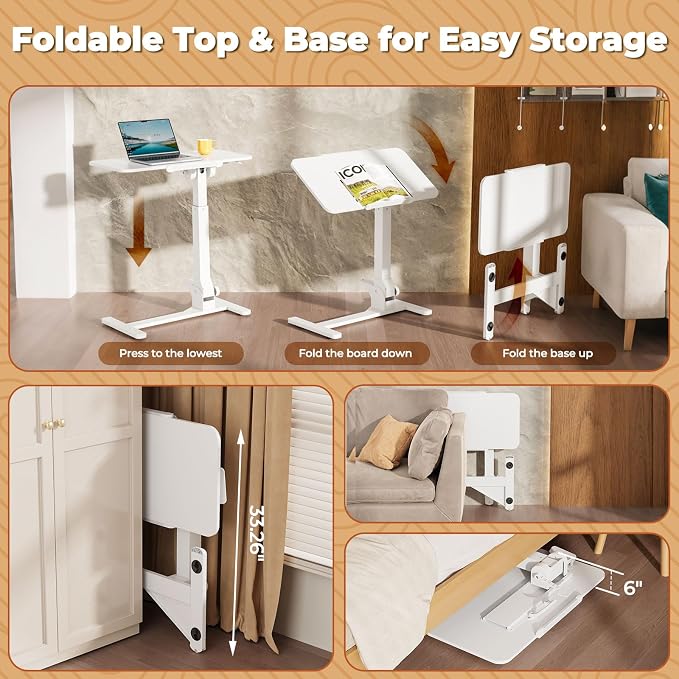JOY worker Foldable Mobile Standing Desk on Wheels, 180° Tilt Bedside Table | Height Adjustable, 31.5" White MDF Board with Lips, Collapsible Top & Base for Storage, Rolling Laptop Desk for Home Hospital - Image 7