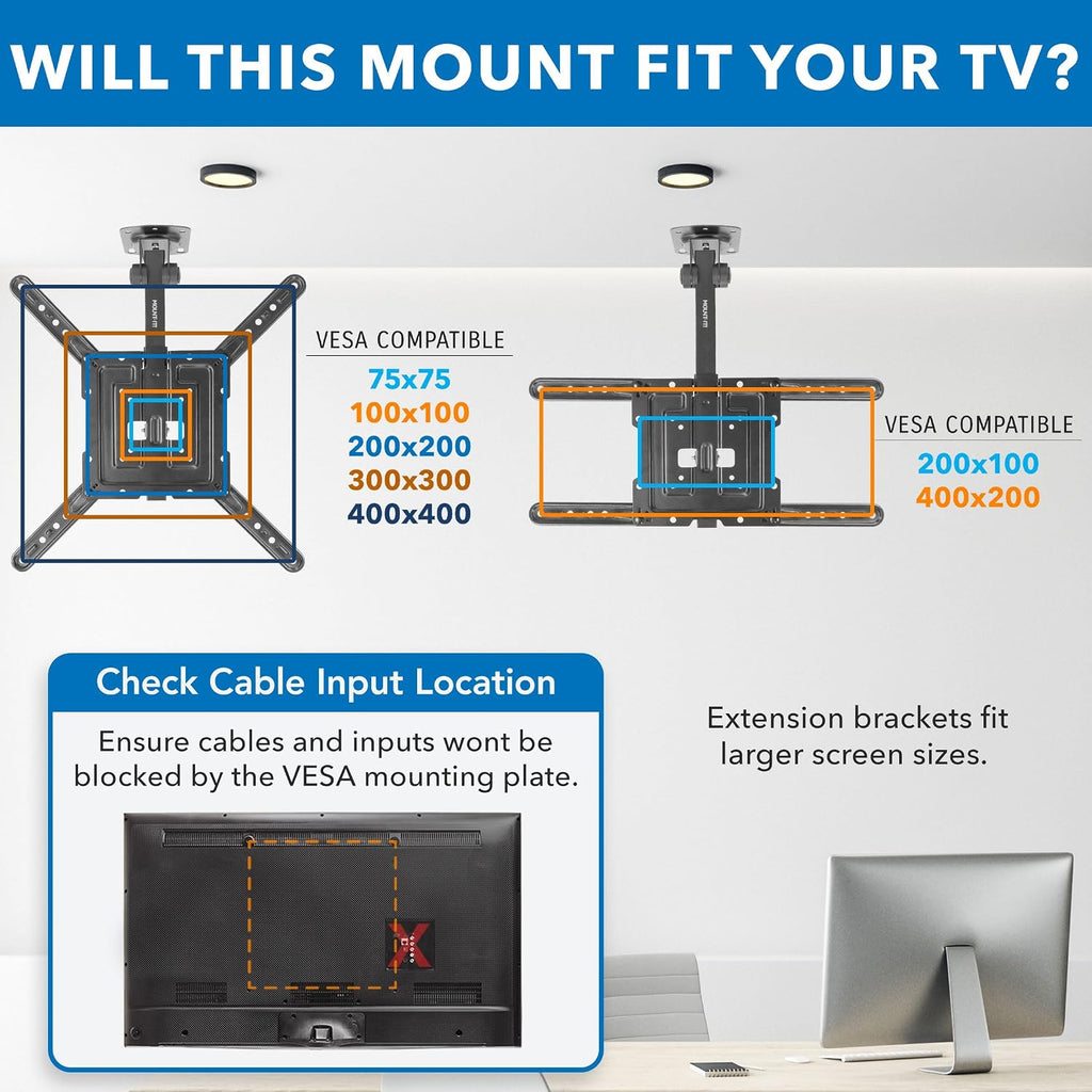Mount-It! Fold-Up Ceiling TV Mount for 23–55 Inch TVs, Space-Saving Flip Down Bracket for Flat & Slanted Ceilings, Retractable Adjustable Tilt & Swivel Mount, VESA up to 400x400, 44 lbs Capacity - Image 2