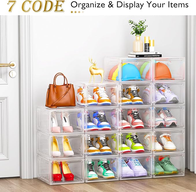 12 Pack Shoe Organizer, Stackable Shoe Storage Boxes with Magnetic Door | Clear Plastic Shoe Boxes for Sneakers, Boots & Heels, Foldable Space-Saving Shoe Rack for Closet, Durable Shoe Cabinet, White - Image 4