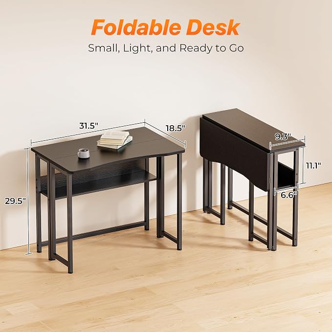 Huuger Folding Desk with Storage Shelf, 31.5 Inch Foldable Computer Table | Writing Work Office Computer Desk for Small Spaces, Space Saving Sofa Table for Couch, Easy to Fold, Black - Image 2
