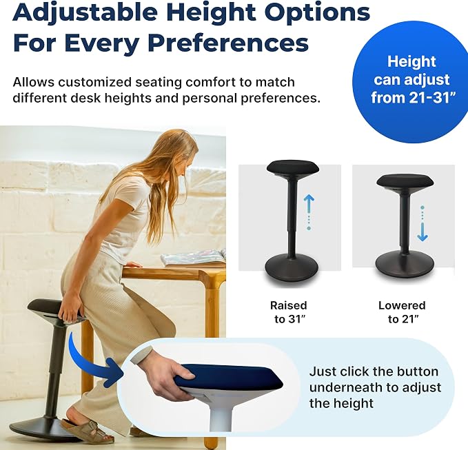 Standing Desk Stool Chair, Height Adjustable Stool 21-31 inch for Office and Classroom, Swivel seat, Anti-Slip Bottom Ergonomic Wobble Stool with Rocking Motion, Blue - Image 5
