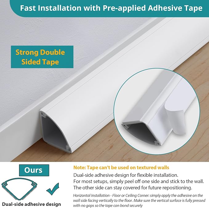 ZhiYo 15ft Corner Cable Hider for 3-5 Cords, Wall & Floor Cord Hider White | Self-Adhesive Cable Concealer, 5 Pack (3ft Each), Quarter Round Cable Management Raceway for Baseboards & Ceiling Corners - Image 4