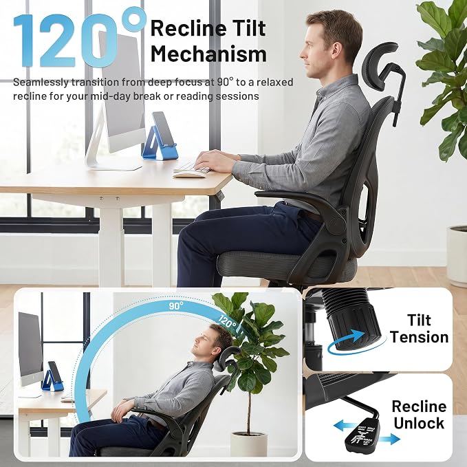 Office Chair Ergonomic Desk Chair with Adjustable Headrest Lumbar Support, High Back Breathable Mesh Chair with 120° Tilt & Flip-Up Armrests, Swivel Comfy Task Computer Chair for Work, Study - Image 5