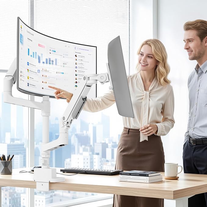 Dual Monitor Arm for 17”-49“Ultrawide Monitors, White | Heavy Duty Dual Monitor Mount Holds 44 lbs - Image 8