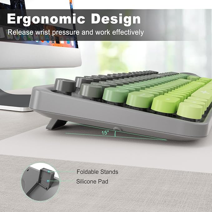 Wireless Keyboard and Mouse Combo, 104 Round Keys Cute Colorful Keyboard and Mouse with Retro Typewriter for PC/Mac/Laptop/Tablet/Computer/Windows Gray Green - Image 6