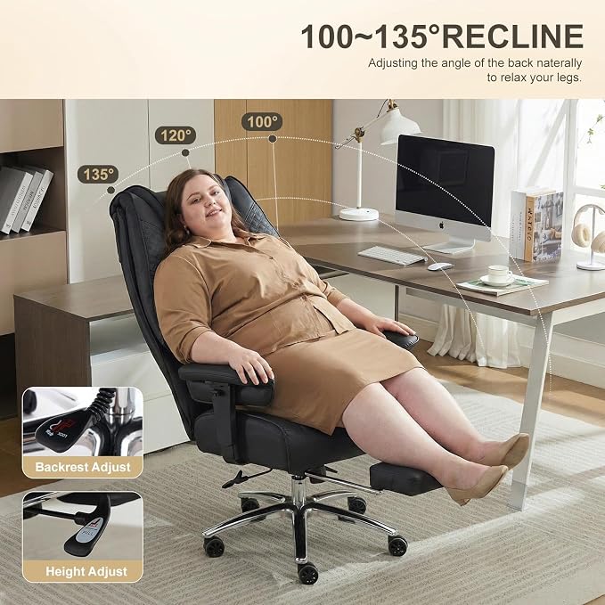 EXCEBET Big and Tall Office Chair 400lbs Wide Seat, Leather High Back Executive Office Chair with Foot Rest, Ergonomic Chairs Lumbar Support for Lower Back Pain Relief (Black) - Image 3