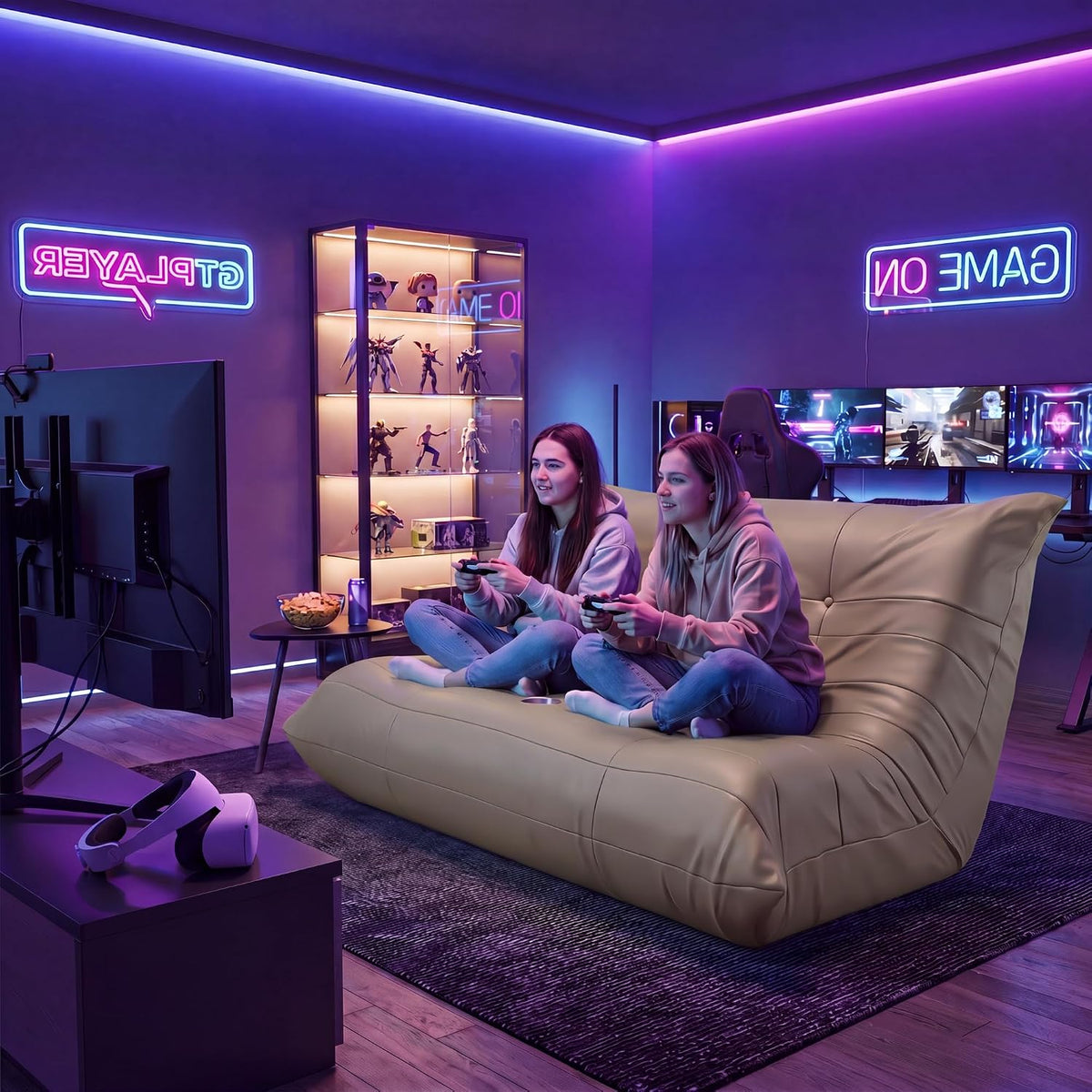 Homall Floor Gaming Chair Boneless Loveseat Couch, Ergonomic Floor Sofa Couch with Cup Holders, Leather Lazy Floor Lounger for Gaming, Reading, Relaxing, Watching TV (Khaki) - Image 5