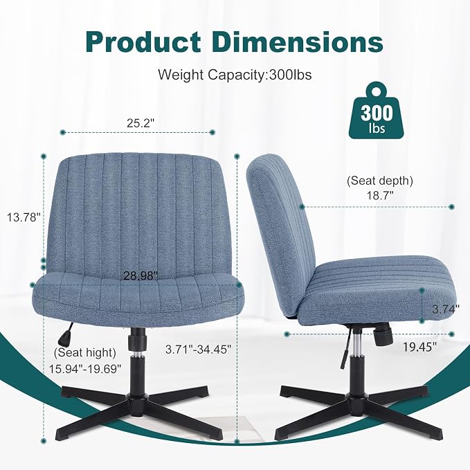 OLIXIS Criss Cross Chair, Vanity Chair, Home Office Desk | Height Adjustable, Comfy Fabric, Armless Wide Seating for Bedroom Student Study Room, Blue No Wheel - Image 2