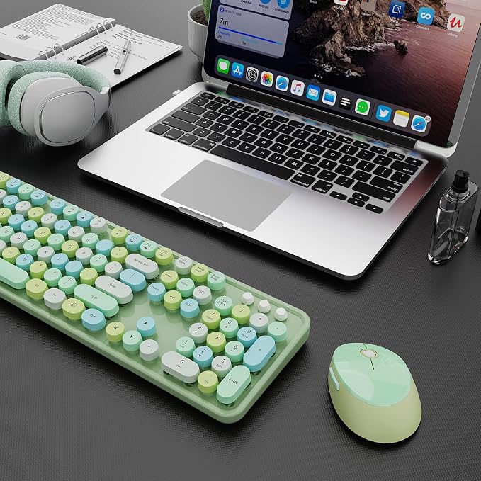 Wireless Keyboard and Mouse Combo, Ergonomic Full Size Typewriter Retro Round Keycaps Keyboard, Compatible with Windows, PC, Perfer for Home and Office Keyboards (Green - Image 8