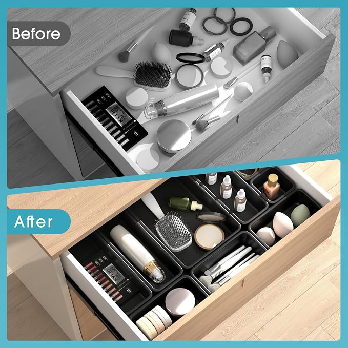 25 PCS Drawer Organizer Set, 4 Size Makeup Drawer Divider Organizer With Non-Slip Pads, Interlocking Plastic Storage Bins for Office,Jewelry Vanity,Gadgets, Bathroom,Kitchen, Black - Image 7