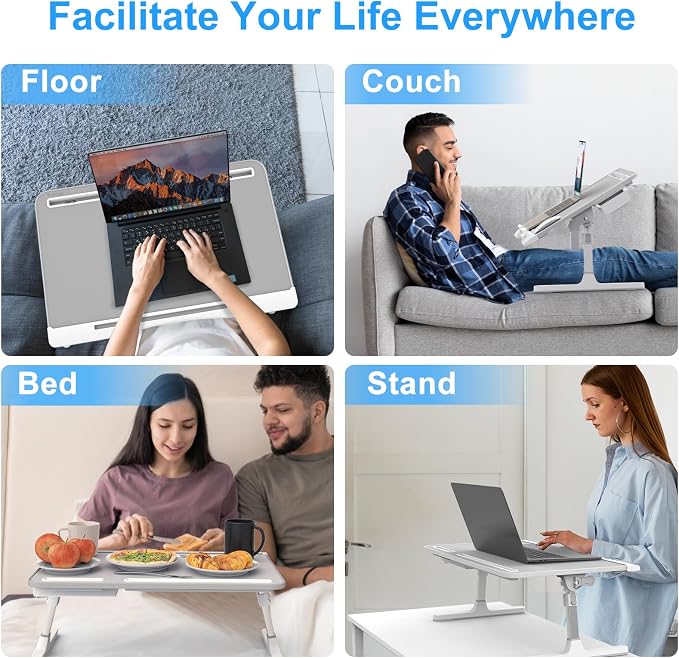 HETTHI Laptop Desk for Bed, Adjustable Bed Table with Leather Desktop, Foldable X-Large Laptop Bed Trays with Drawer for Bed Couch Floor Writing Working Reading Eating Painting (Gray, 23.6"×15.7") - Image 6