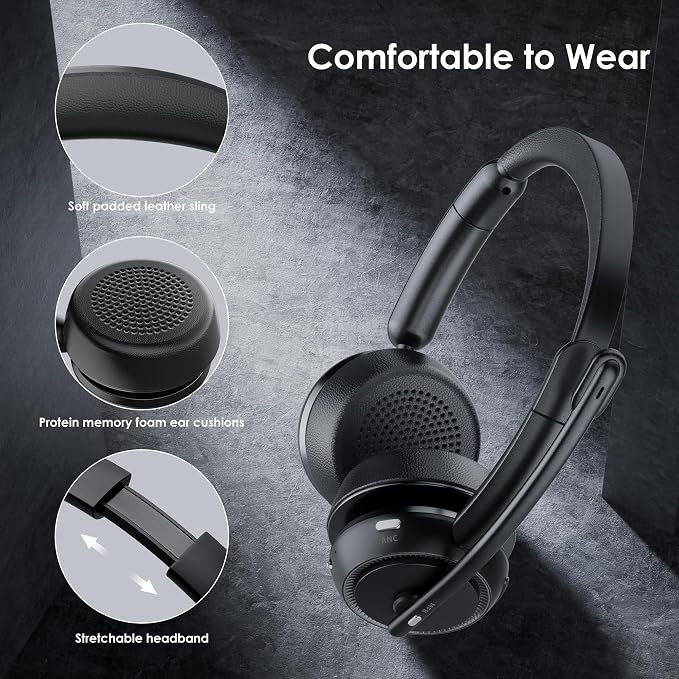Upgrade ANC & ENC Wireless Headset with Mic for Work(Flip-to-Mute & Dongle) | Headset with Microphone for PC, Bluetooth 5.4 Noise Cancelling Headphones with Mic for Call Center/Home/Computer/Phones - Image 7