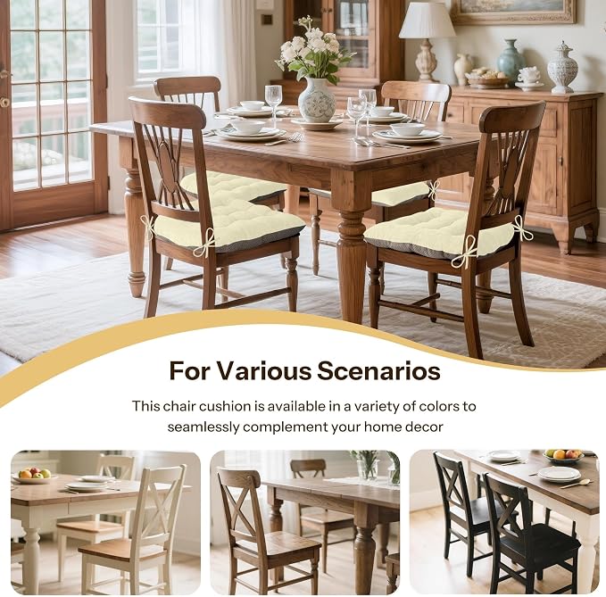 Chair Cushions for Dining Chairs Set of 2, 18"x18"x3", Beige | Non-Slip with Ties, Tufted, Faux Linen, Seat Cushions for Dining Room Kitchen Breakfast Nook Indoor Home Office Living Room - Image 5