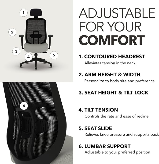 HON Altern Ergonomic Office Chair, Office Desk Computer Chair, Fog | Mesh desk chair with lumbar support, headrest, seat slide, adjustable arms, computer chair for home office productivity - Image 3