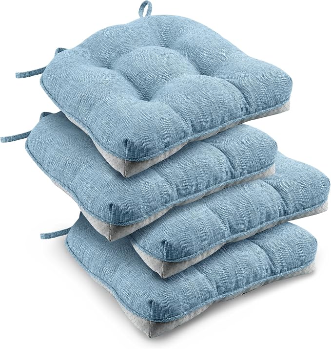 downluxe Indoor Chair Cushions for Dining Chairs, Tufted Overstuffed Textured Kitchen Chair Pads with Ties and Non-Slip Backing, 15.5" x 15.5" x 4", Light Blue, 4 Pack by Downluxe