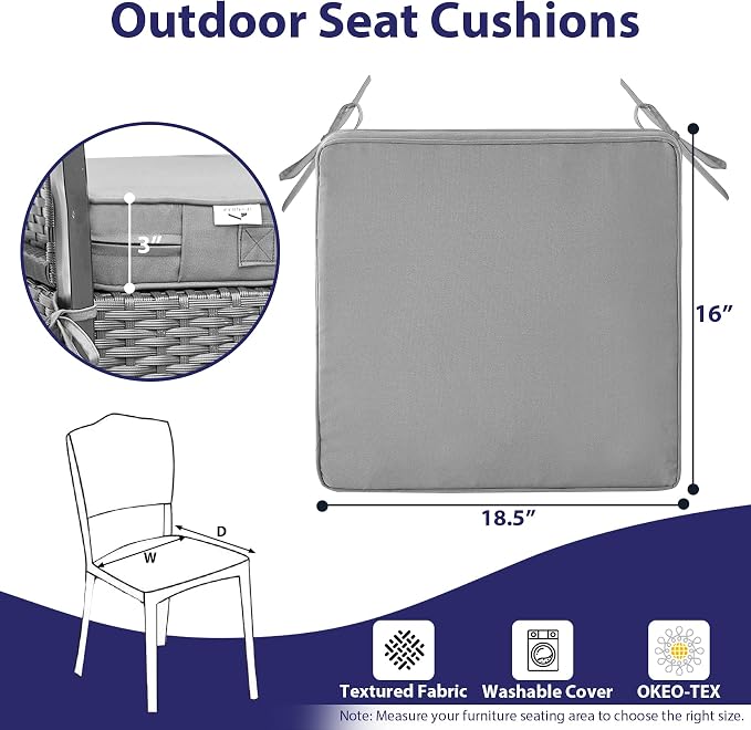 IPYNBAP Outdoor Chair Cushions Set of 4 -Waterproof Outdoor Seat Cushions for Patio Furniture, Patio Chair Cushion with Handle and Ties, Out Door Chair Pads,18.5x16x3-Square, Grey - Image 6