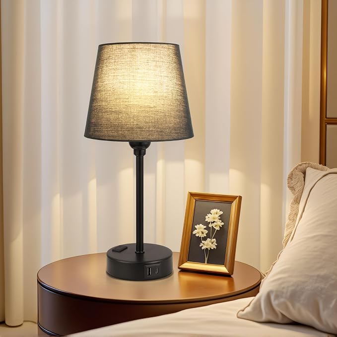 Black Bedside Lamps Set 2 for Bedroom - Dimmable Touch, USB C+A, AC Outlet | 14.5" Mini Lamp, 3-Way Dimmable, LED Bulbs Included, Black Barrel Fabric Lampshade, Nightstand Light for Guest Room, Kids - Image 8