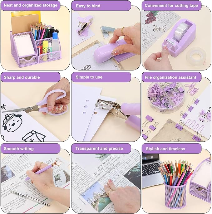 13-in-1 Office Desk Organizer Set for Back to School Supplies Accessories | Organizer Set with Stapler and Tape Dispenser, Pen Holder, Scissors, Ruler, Hole Punch, 2 Pens & More Desk Supplies - Image 5