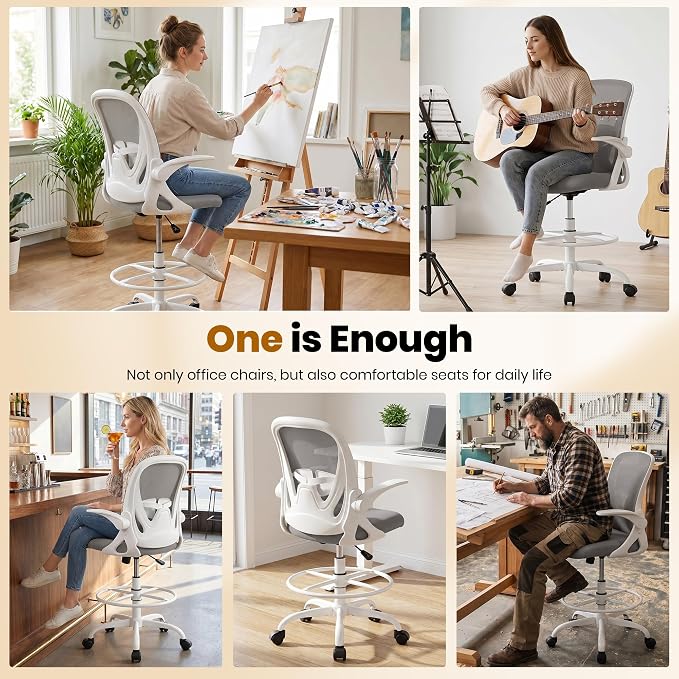 Ergonomic Drafting Chair with Flip-Up Armrests & Adjustable Footrest – Tall Office Chair for Standing Desks, Lumbar Support, Gray – Home & Office Comfort - Image 6