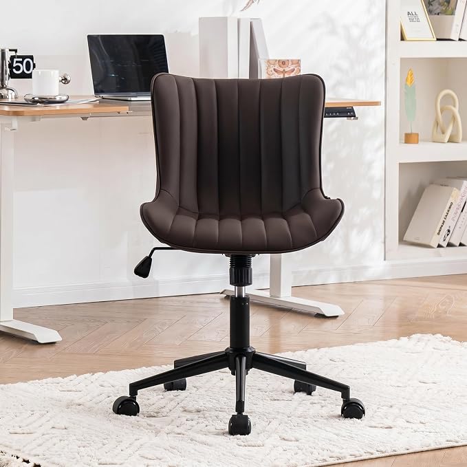YOUNIKE Office Desk Chair with Wheels Armless Vanity Chair Modern Brown | Faux Leather Upholstered with Rocking Back, Swivel Height Adjustable Small Cute Computer Rolling Task Chair Ergonomic 300lb - Image 7