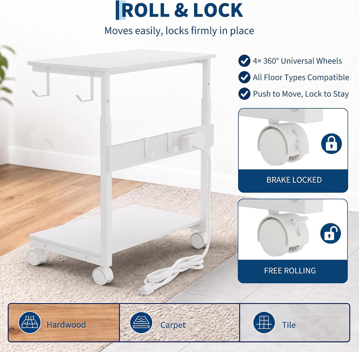 Rolling PC Tower Stand, Height Adjustable, White - Image 4