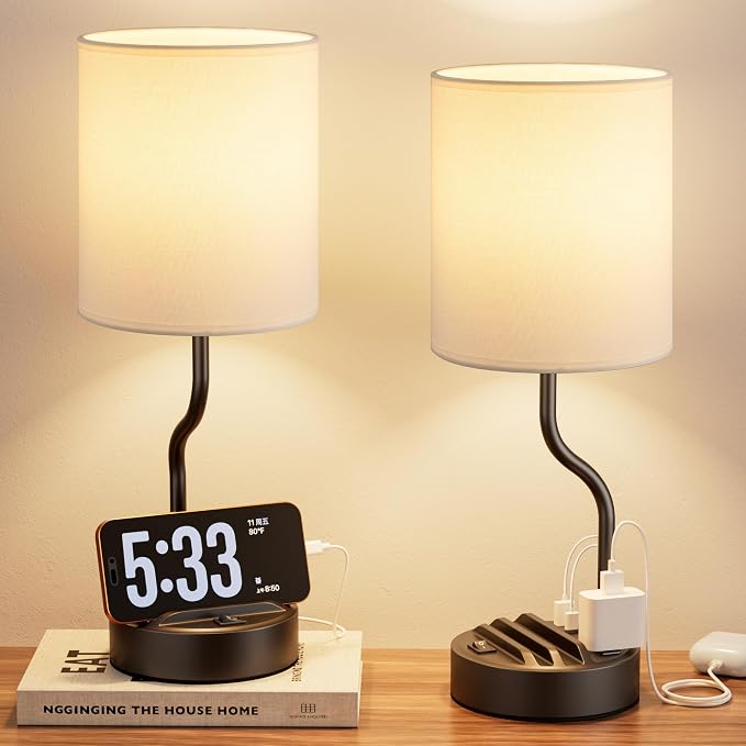 Bedside Lamps for Bedroom Set of 2-18" Table Lamp for Nightstand | Phone Stand, USB A+C Ports, AC Outlet, 3 Color Temperatures, LED Bulb Included, Desk Lamp for Living Room/Dorm,2-Pack - Image 8