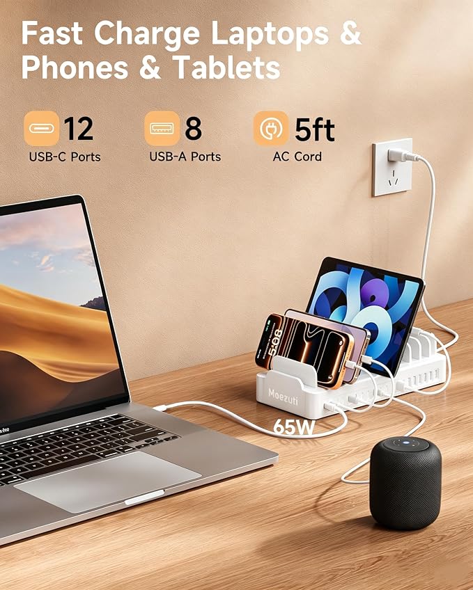 20-Port 600W Moezuti Charging Station for Multiple Devices with 10 Cables | GaN5 Dual 65W Multi-device Charging Dock , Fast Charger Station for Laptop Macbooks iPhone Samsung Galaxy Android Tablet - Image 2