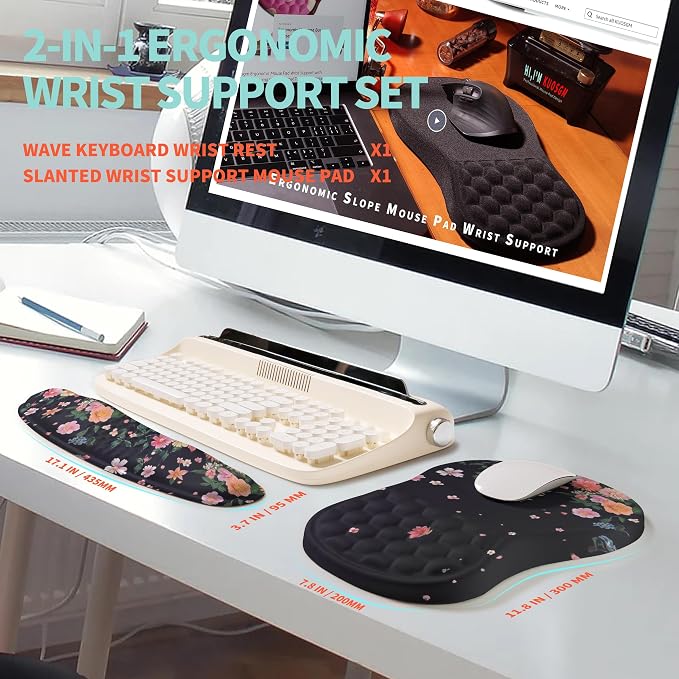 2-in-1 Ergonomic Set, Wave Rise Keyboard Wrist Rest and Massage Bulge Slope Mouse Pad Wrist Support, Cushion Memory Foam Integrated to Relieve Wrist Pain, Flower Dance - Image 5