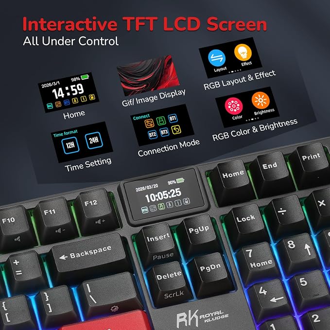 RK ROYAL KLUDGE S104 Wireless Mechanical Keyboard with Screen & Metal Knob | Full Size Gaming Keyboard with 8000mAh Battery, RGB Backlit Hot Swappable Pre-lubed Switches, Creamy Sound Computer Keyboards - Image 4