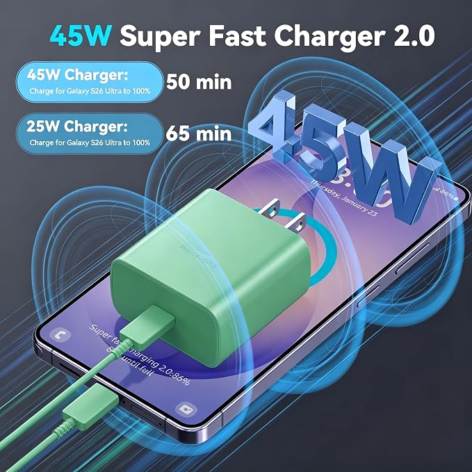 45W Super Fast Charger USB C Android Phone Type C Charger Fast Charging Block with 6.6FT Cord for Samsung Galaxy S26/S26 Ultra/S26+/S25 Ultra/S25/S24 Ultra/S24/S23 Ultra/S22/S21/S20/Note 10, Green - Image 2