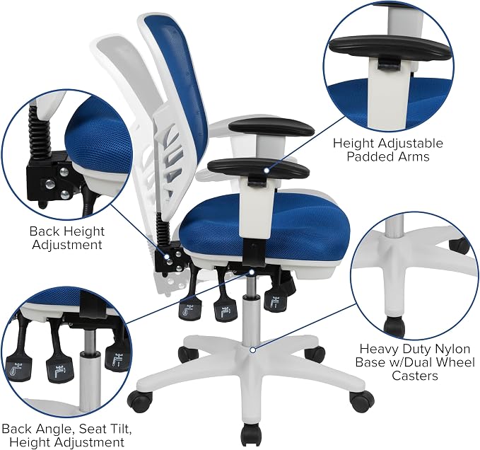 Flash Furniture Nicholas Mid-Back Blue Mesh Multifunction Executive Swivel Ergonomic Office Chair with Adjustable Arms and White Frame - Image 5