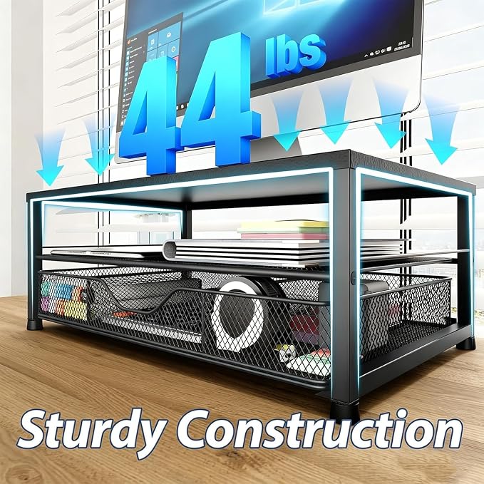 Desk Organizer and Accessories, 2-Tier Computer Monitor Stand Riser with 2 Drawer and 2 Pen Holders, Laptop Stand, Office Desk Accessories for Office Supplies, Black - Image 6