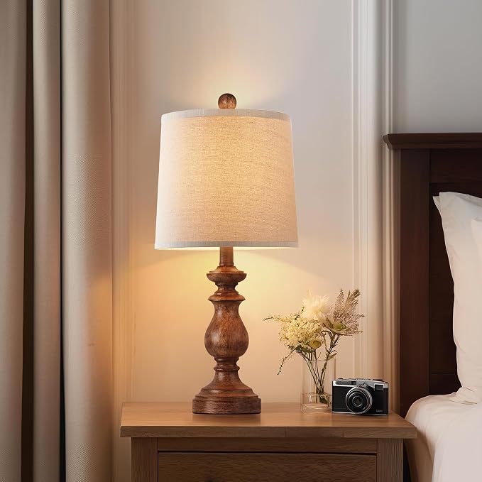Traditional Table Lamp Set of 2, Rustic Farmhouse Table Lamps for Living Room Bedroom, 22" Bedside Desk Lamps Vintage Nightstand Lamps with Linen Shades, Wood Grain - Image 5