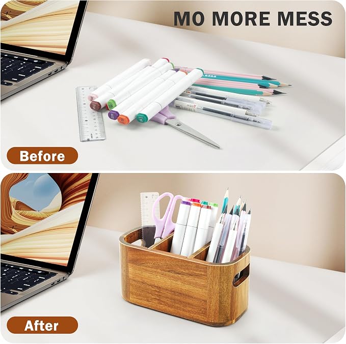Acacia Pencil Pen Holder for Desk, Wooden Office Organizer with 3 Slots for Countertop, Makeup Brush Holder Remote Control Organizer for School Home Supplies - Image 5